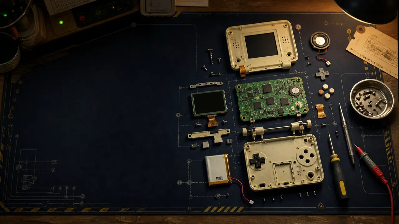 Original exploded-view electronics repair bench illustration with display, screws, and tools on a navy work surface.
